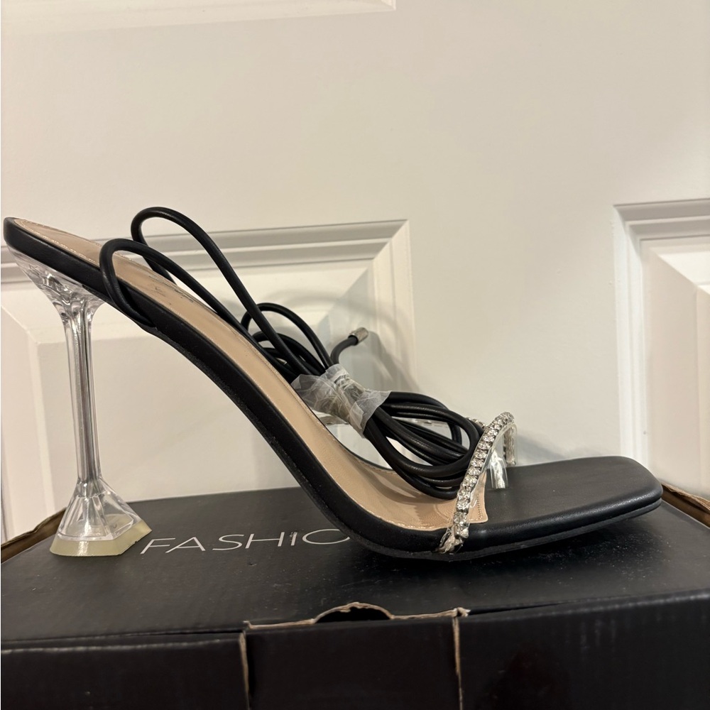 Fashion Nova Black Heels with Clear Details